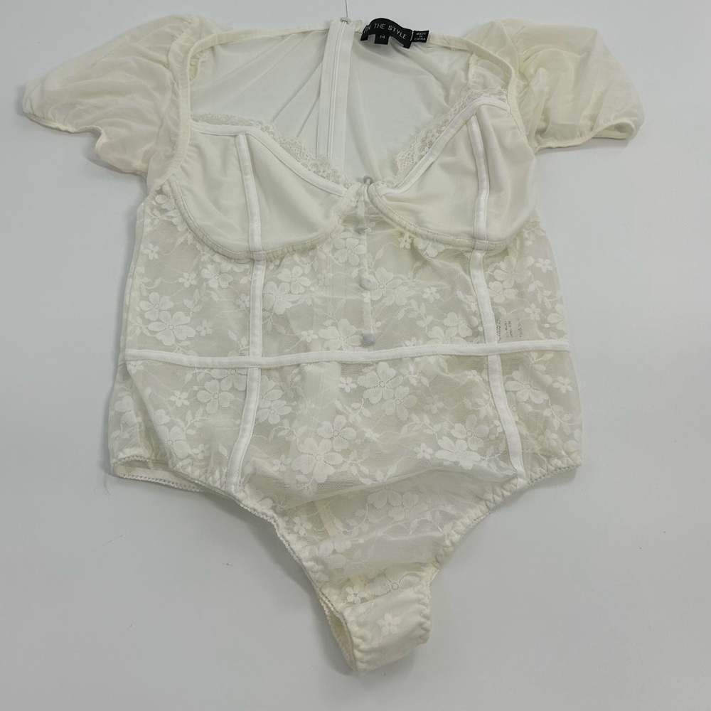 Frenchy style 90s Y2k White Lace Corset Short Sleeve Sleeve Bodysuit Back Zip 14 - Picture 3 of 9